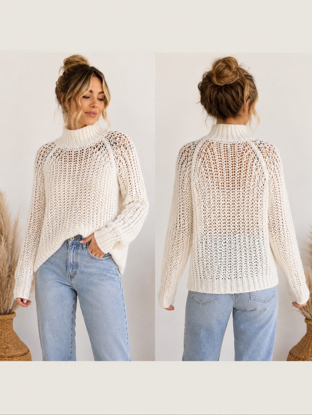 Wooden Ships Paula Buendia Ivory Mohair Blend Mock Neck Open Knit Sweater S/M